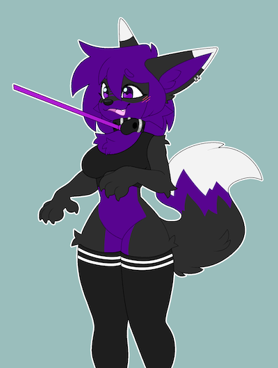 Maia's fursona, which is a black fox, with purple details, white tipped ears, as well as a purple-white tipped tai, wearing thigh highs and a bra, being pulled from a leash.